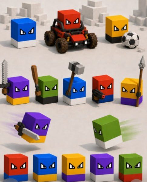 The Cubros crew: coloured voxel cube characters with angry eyes, holding a sword, club, hammer, gun and spear, plus a monster truck and a football.